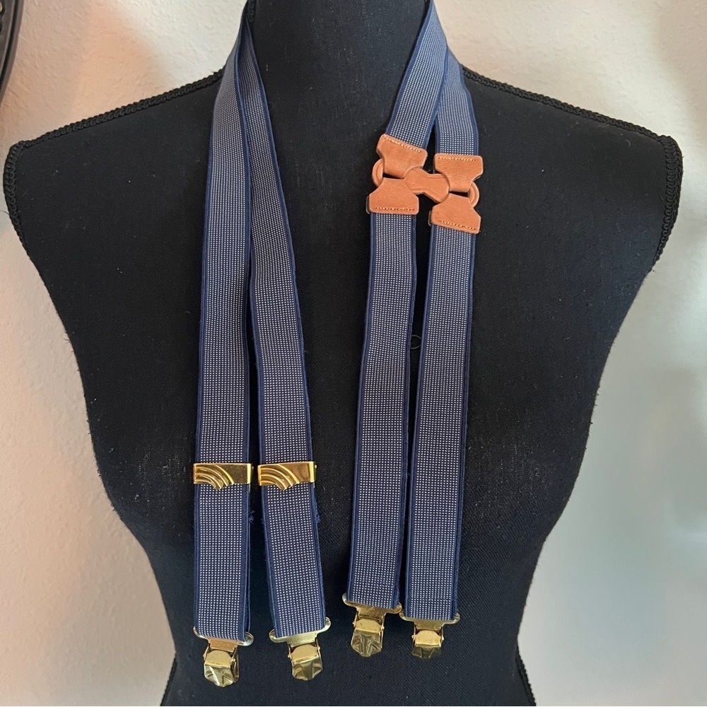 Vintage Unisex Adjustable Suspenders Braces Navy Blue White with Brass Accents